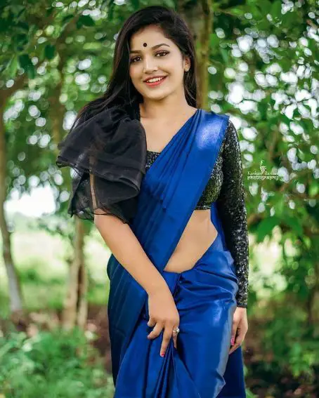 Blue Plain Saree With Black Sequins Blouse