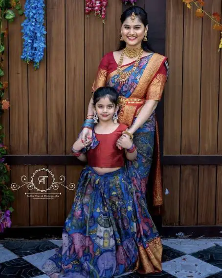 Blue Printed Saree With Maroon Blouse Mother Daughter Saree Ideas