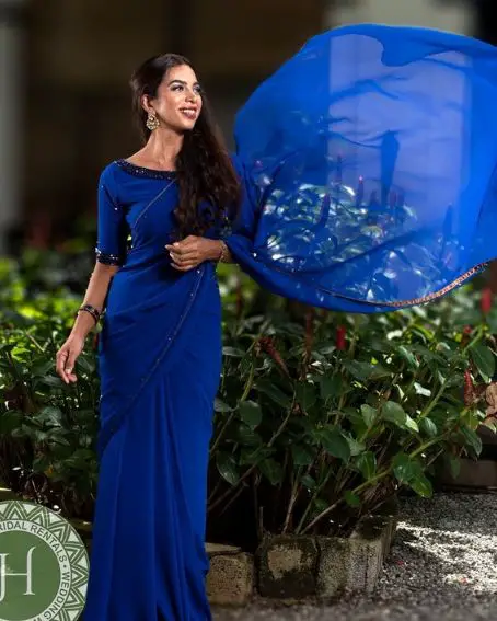 Blue Saree With Copper Handworked Designer Princess Cut Boat Neck Blouse