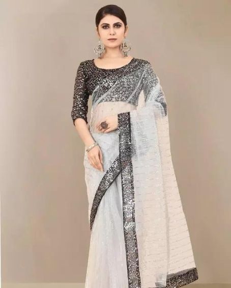 Bollywood-Inspired Gray Sequin Saree With Velvet Sequence Blouse