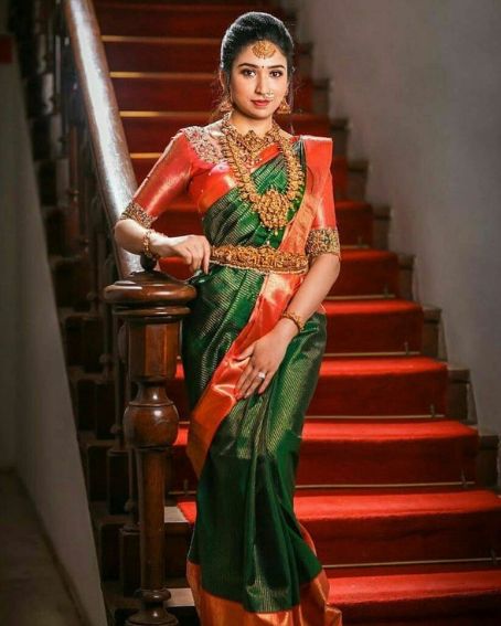 Bottle Green Saree With Red Work Blouse