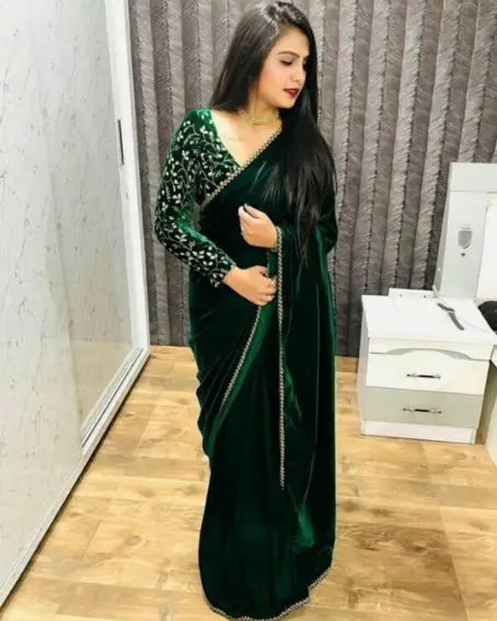 Bottle Green Velvet Embroidery Cording Work Saree With Blouse