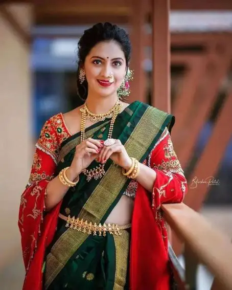 Bottle Green Wedding Saree With Red Blouse