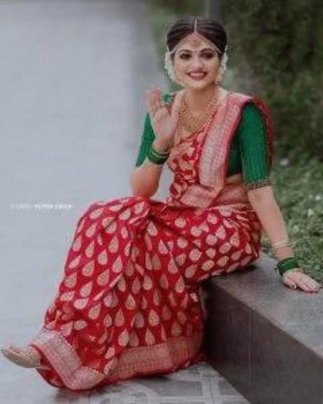 Bridal Look In Red Saree With Green Blouse