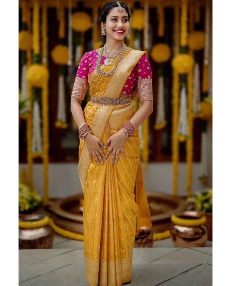 Bridal Yellow Saree With Pink Embroidery Blouse