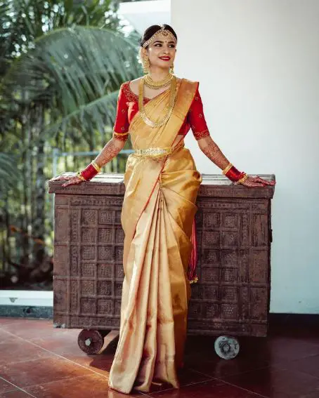 Bridal Yellow Wedding Saree With Red Blouse