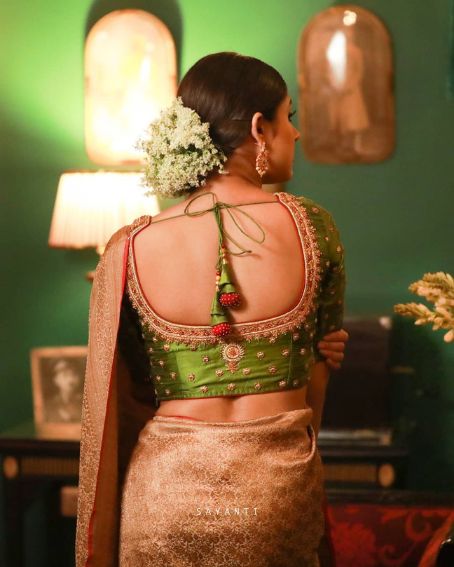 Brown Saree with Green Blouse for Reception Look