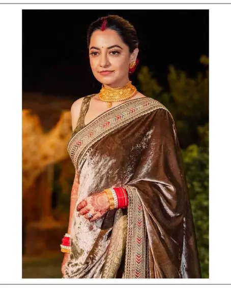 Brown Velvet Saree for Reception Look