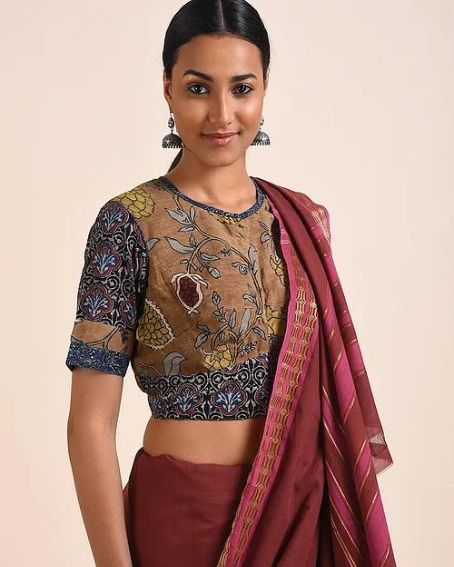 Brown-blue Hand Painted Kalamkari Cotton Blouse