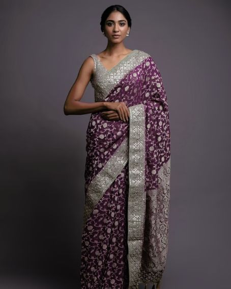 Byzantine Purple Saree In Georgette With Weaved Floral Jaal And Gotta Work