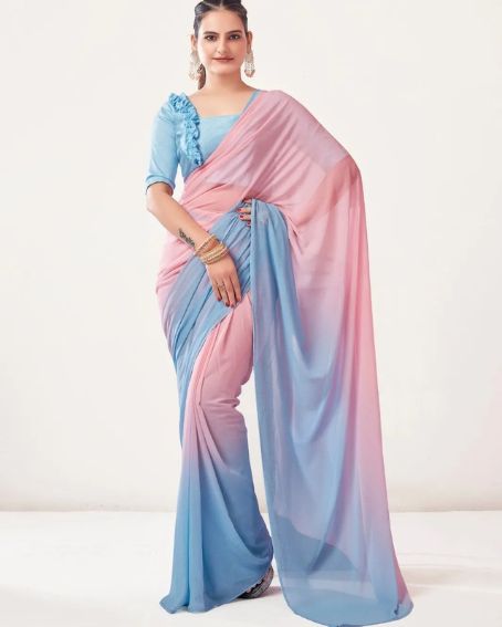 Chiffon Blue & Pink Color Chiffon Saree with Blouse