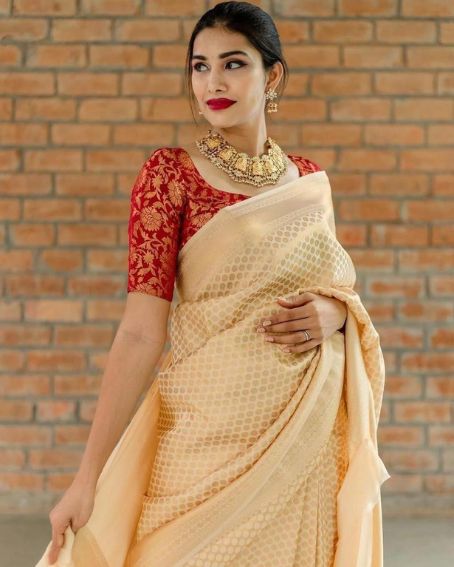 Classy Golden and Red Silk Saree at Affordable Red Blouse