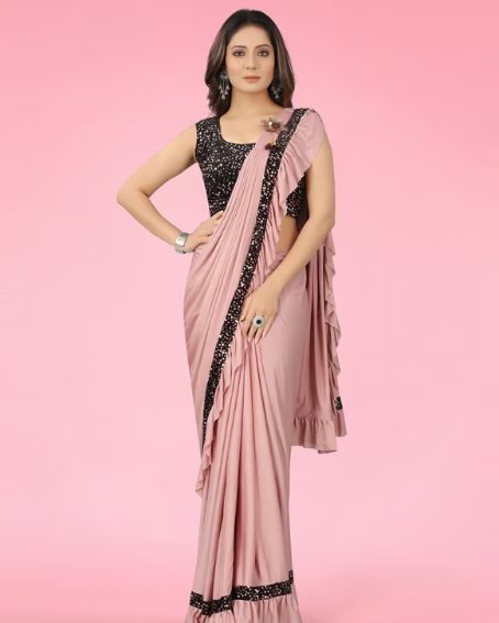 Contrast Bordered Sequin Saree With Blouse