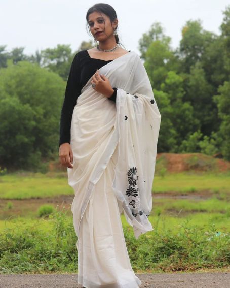 Cotton White Saree With Black Full Sleeve Blouse