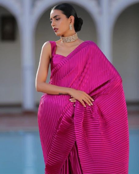 Dark Pink Crushed Sequins Saree With Sleeveless Blouse