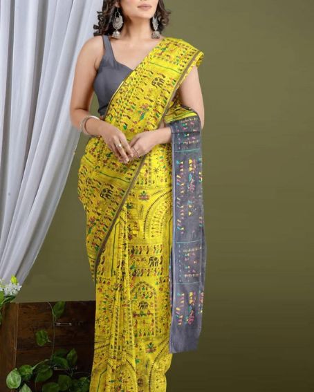 Delicate Touch Of Madhubani Cotton Silk Saree