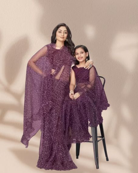 Designer Purple Mother Daughter Combo Saree