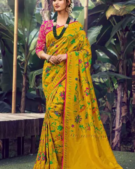 Designer Rani Pink Blouse Lime Yellow Silk Saree