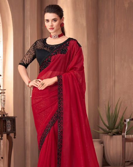 Designer Red Chiffon Saree with Contrast Black Blouse