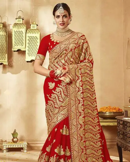 Durga Puja Special Zari Work Georgette Red Designer Saree