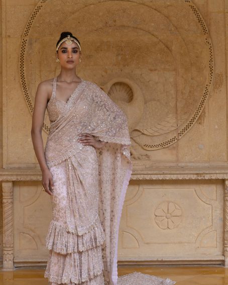 Dust Pink and Rose Gold Hand-Embroidered Sari Set