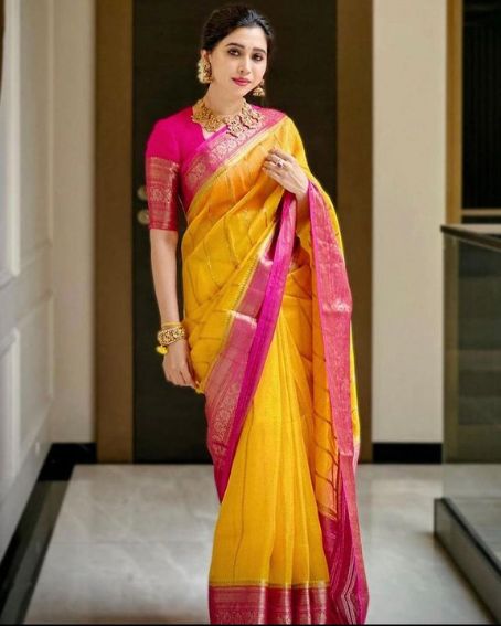 Elegant Banarasi Yellow Saree With Pink Blouse