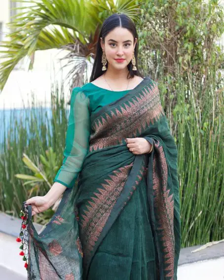 Elegant Teal Green Copper Handwoven Linen Saree With Lotus Design Pallu