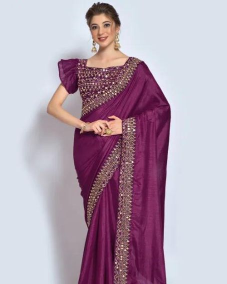 Embroidered Border Art Silk Saree in Purple