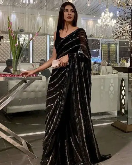 Enthralling Black Sequined Georgette Cocktail Party Saree With Blouse