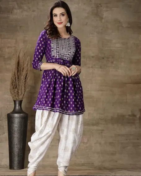 Ethnic Motifs Printed Gotta Patti A-Line Kurti With Dhoti Pants