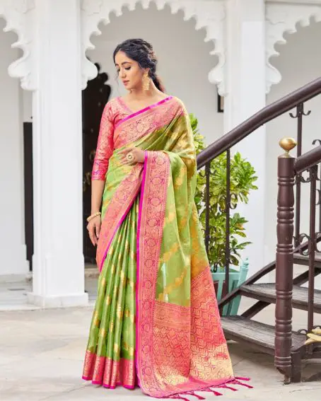 Fluorescent Green Saree with Pink Blouse