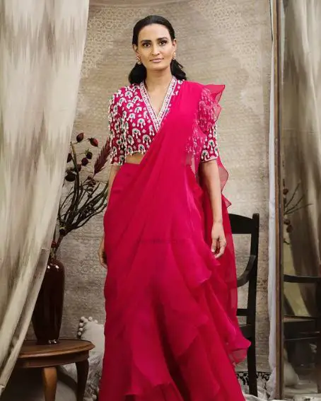 Fuchsia Ruffle Saree with Dark Pink Blouse