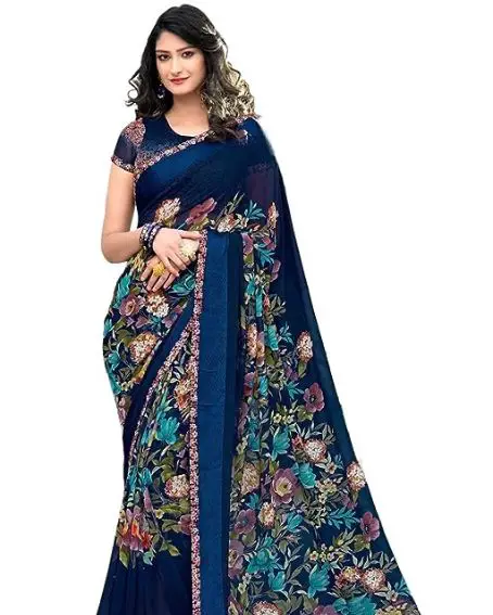 GoSriKi Women's Georgette Blend Printed Saree With Blouse For Night Function