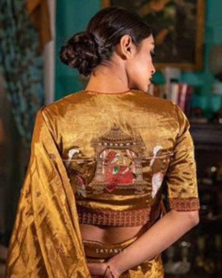 Gold Color Blouse with Hand Painted Design