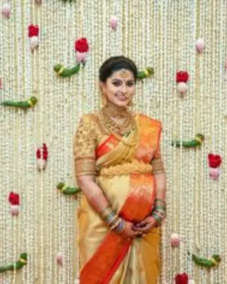 Gold Color Saree With Red Blouse Elegant Look for Baby Shower