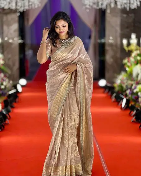 Gold Color Tissue Saree For Wedding Guest Look