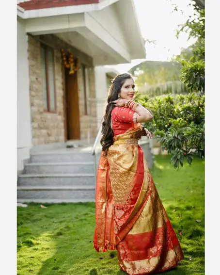 Gold Pattu Saree With Red Embroidery Work Blouse
