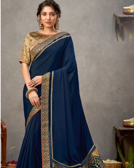 Golden Blouse Saree Designer Navy Blue Saree