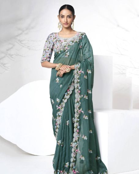 Gorgeous Gray Organza Embroidered Party Look Saree