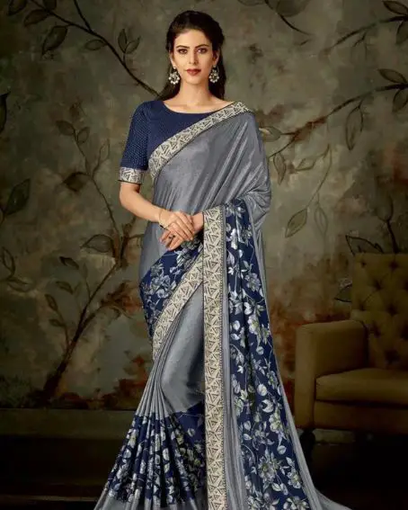 Gray And Navy Blue Lace Work Traditional Designer Saree
