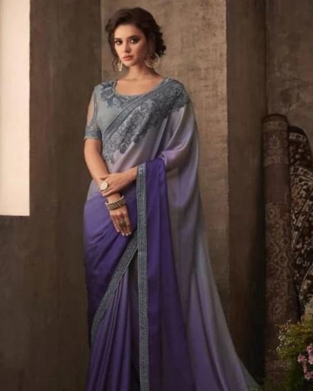 Gray And Purple Chiffon Silk Saree With Banglori Silk Blouse