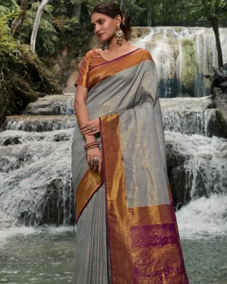 Gray and Tiger Orange Kanjivaram Silk Saree