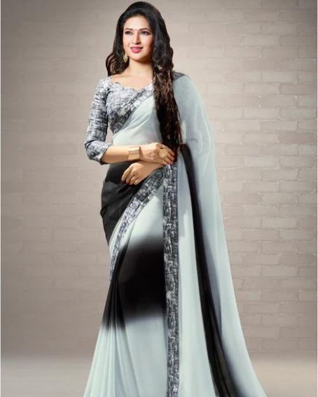 Gray & Black Printed Saree With Designer Border Saree With Blouse