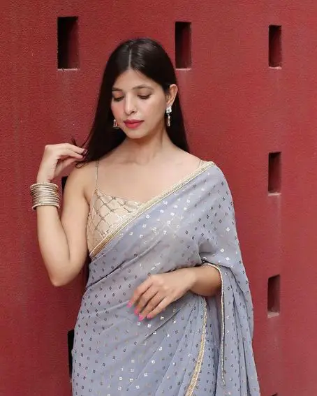 Gray Boota Foil Pre-stitched Saree With Beige Sequins Blouse
