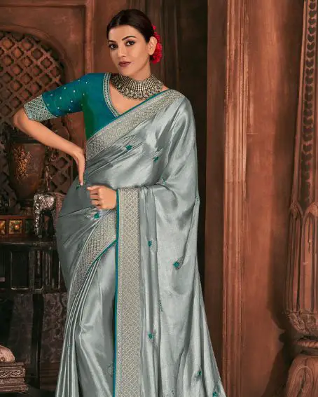 Gray Colour Plain Saree Contrast Blouse Pure Silk Saree