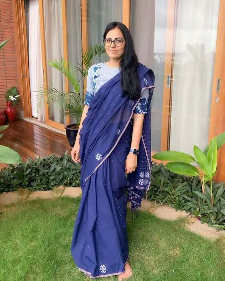 Gray Cotton Blouse With Blue Cotton Saree