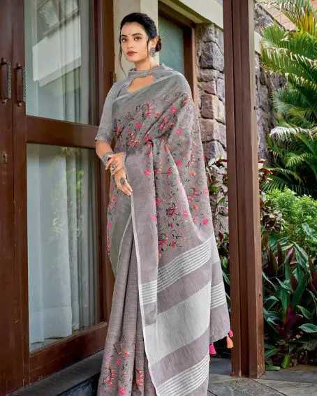 Gray Embroidery Classic Saree With Blouse