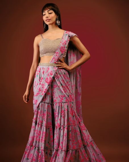 Gray Floral Print Sharara Saree With Attached Pallu And Embroidered Blouse