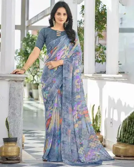 Gray Geometric-print Saree With Blouse