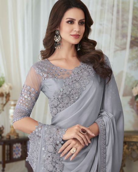 Gray Glorious Silk Saree For Weddings And Parties